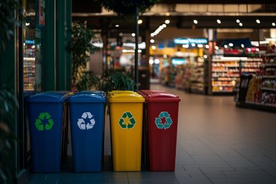 At the entrance of a grocery store, vibrant recycling bins with distinct symbols invite shoppers to dispose of recyclables responsibly. Their presence promotes eco-friendly habits in everyday life.