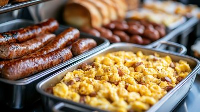 A buffet display in a hotel breakfast area featuring scrambled eggs, sausages, and fresh bread.