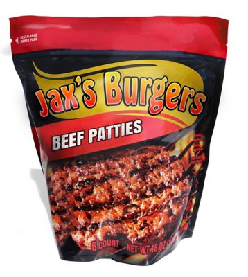 beef patties in a printed stand-up pouch