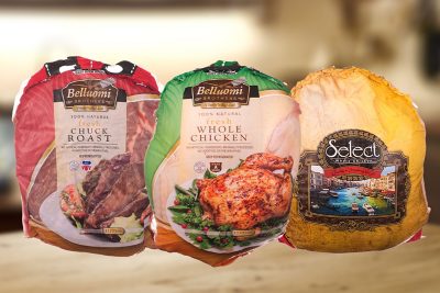 three packages of whole chicken and turkey