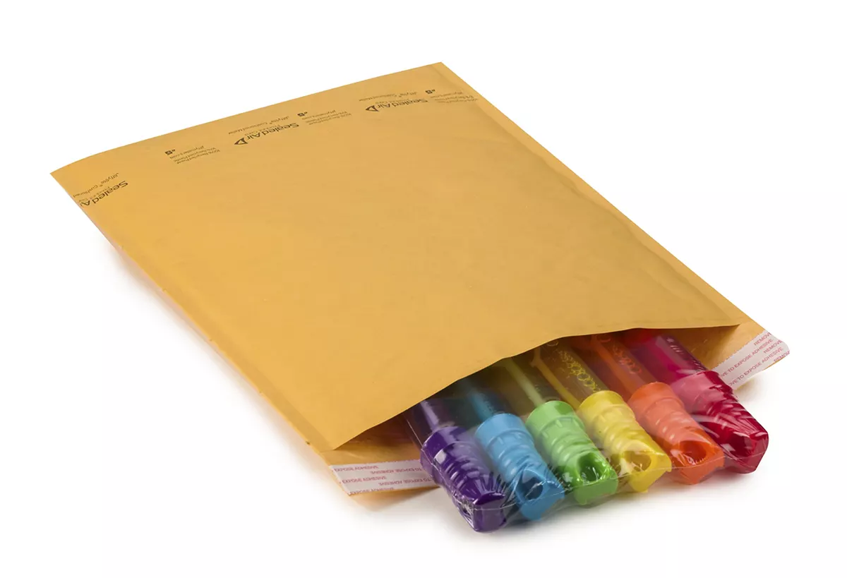 colored pens inside a yellow BUBBLE WRAP JiffyLite Mailer
