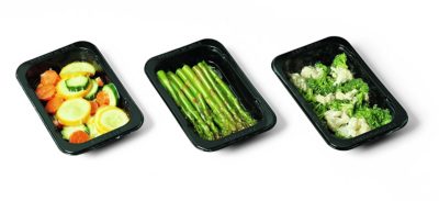 three black simple steps trays with veggies