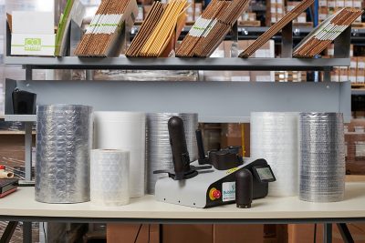 Universal inflator on a counter with rolls of BUBBLE WRAP