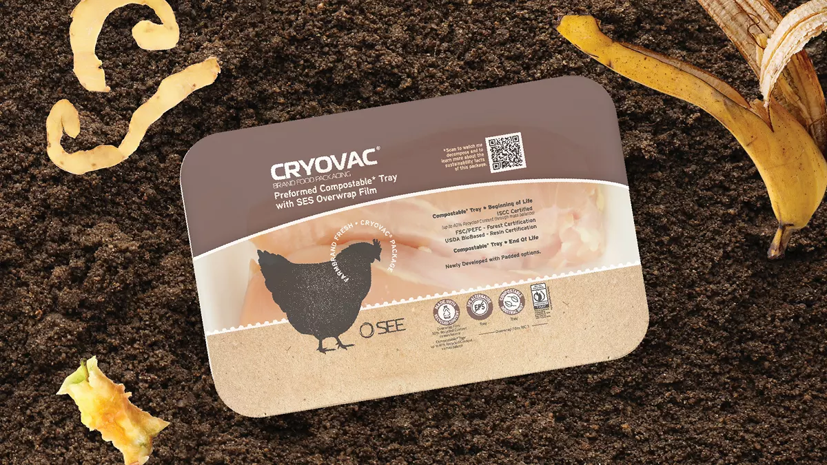 CRYOVAC Compostable Overwrap Tray in composting dirt 