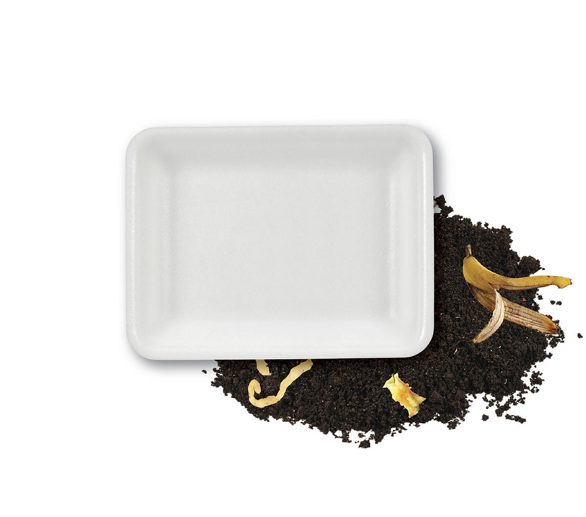 image of white compostable tray with dirt and compost