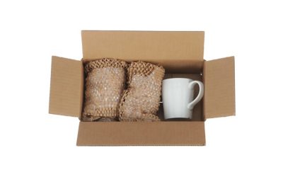 three mugs wrapped in quickwrap nano in a cardboard box